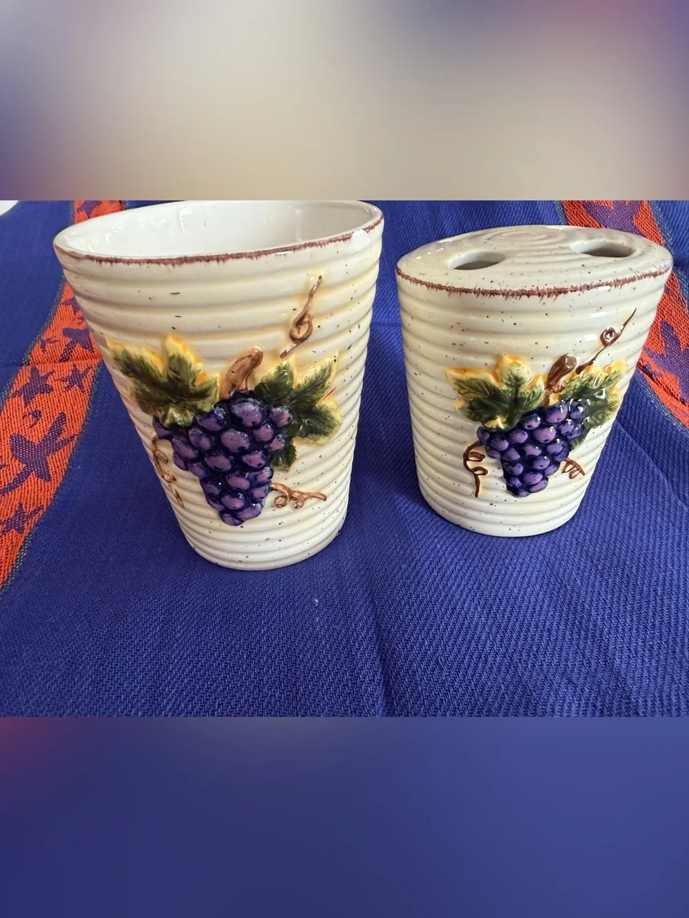 Cream Ceramic Grape Toothbrush Holder Set with Purple Grapes